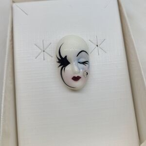 Vintage Fancy Faces Brooch Pin Handpainted Porcelain Mask with Rhinestone